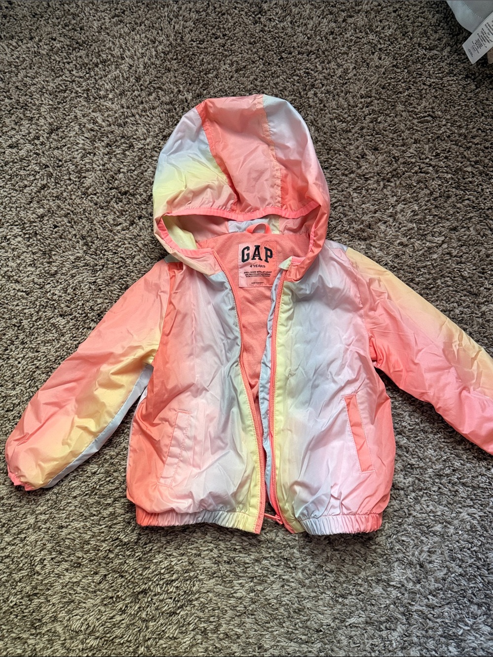 GAP Girls' Coral, Yellow & White Hooded Rain Jacket